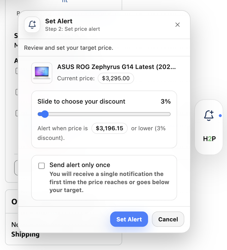 Happy2Purchase price alert overlay on Amazon